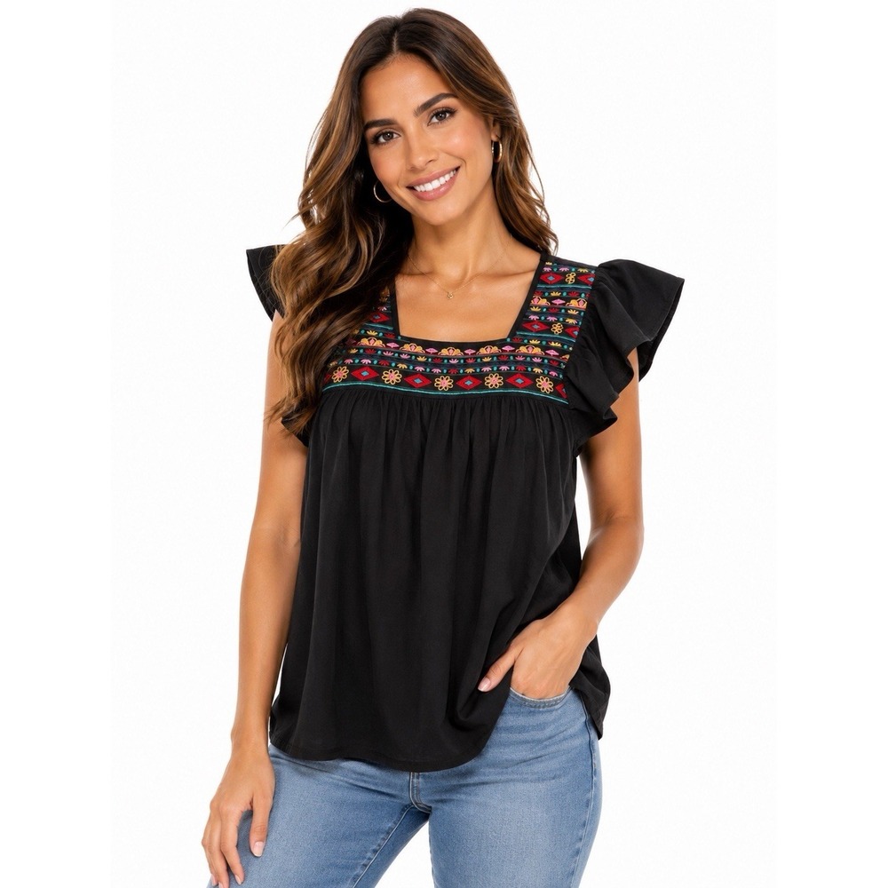 Dorose L Black Embroidered Flutter Sleeve Peasant Boho Blouse Top